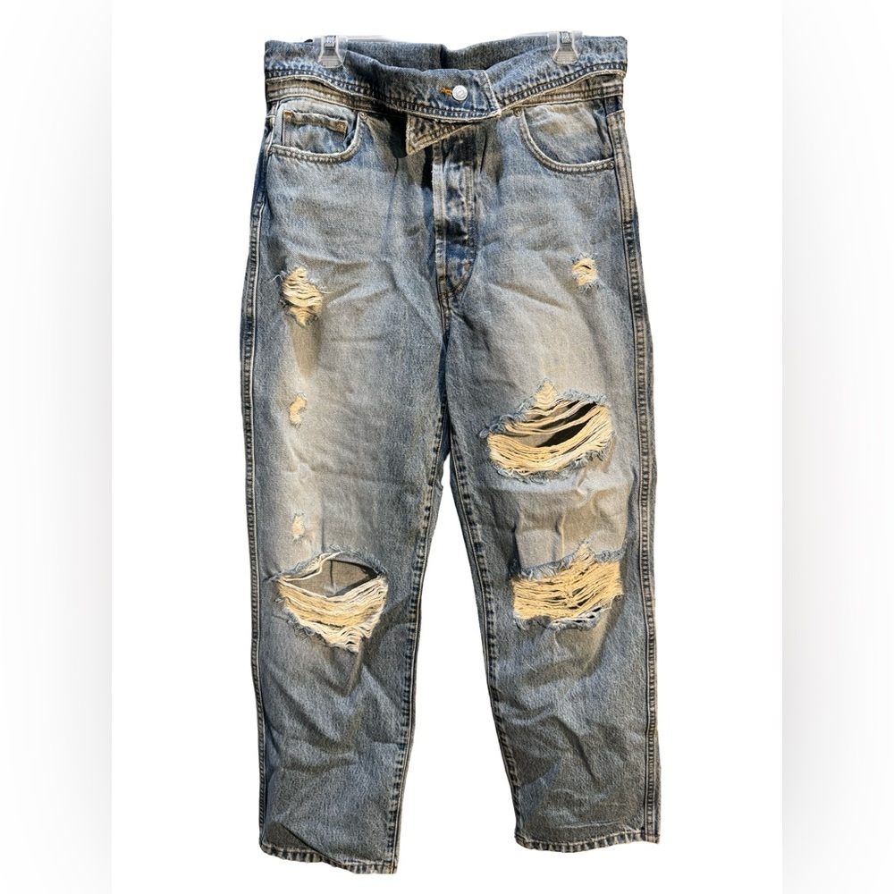 REVICE Foldover Waist Distressed Jeans
